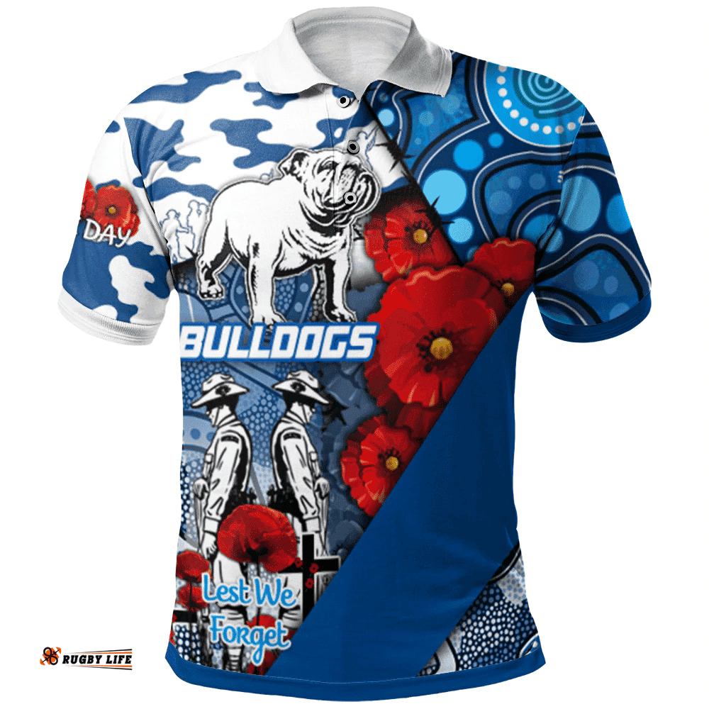 Bulldogs Rugby Aboriginal Anzac Polo Shirt - Remembrance Indigenous With Poppy - NRL