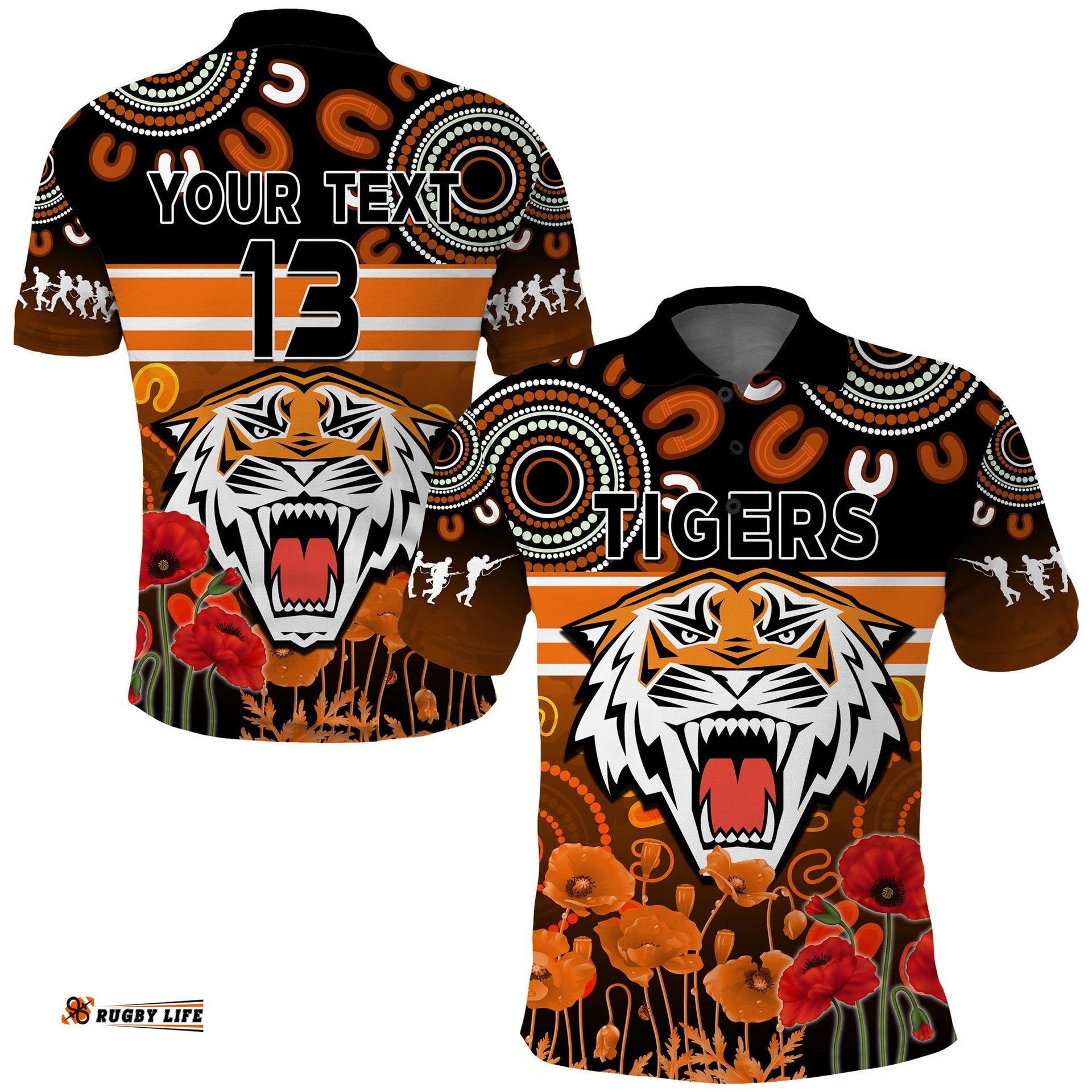 Custom Text and Number Wests Tigers Anzac 2022 Polo Shirt Aboriginal Lest We Forget