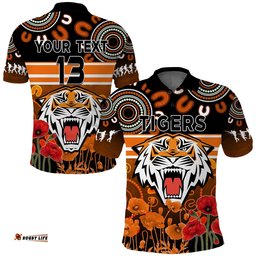 Custom Text and Number Wests Tigers Anzac 2022 Polo Shirt Aboriginal Lest We Forget