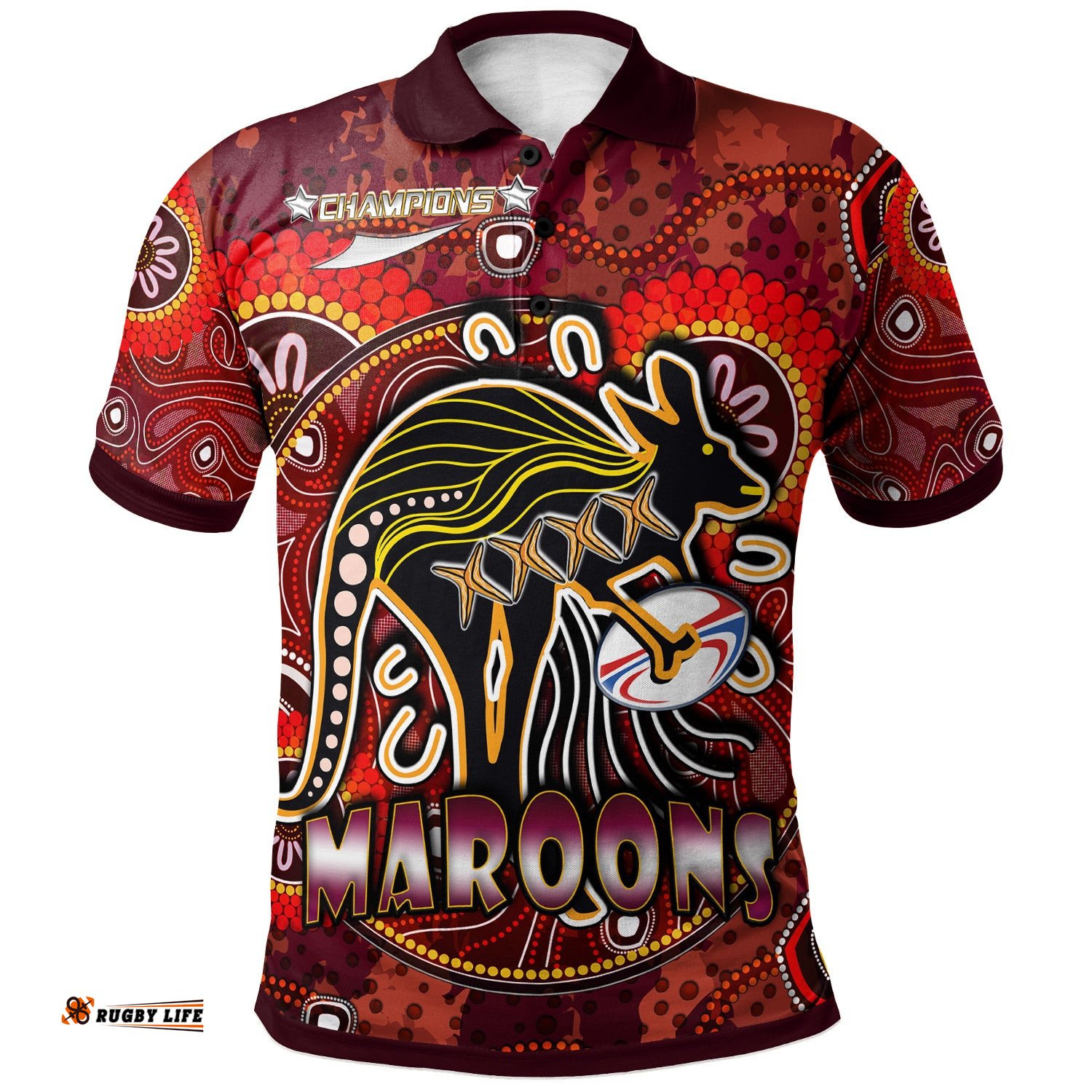 Maroons Rugby Polo Shirt - Custom Maroons Kangaroo With Aboriginal Style Of Dot Painting Personalised Player And Number Polo Shirt