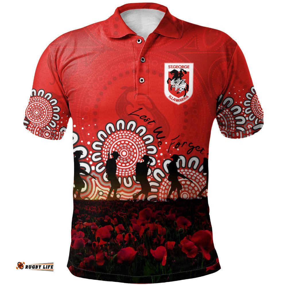 St. George Illawarra Dragons Polo Shirt Personalized Aboriginal Rugby Anzac Day Poppy With Soldiers - NRL