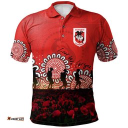St. George Illawarra Dragons Polo Shirt Personalized Aboriginal Rugby Anzac Day Poppy With Soldiers - NRL