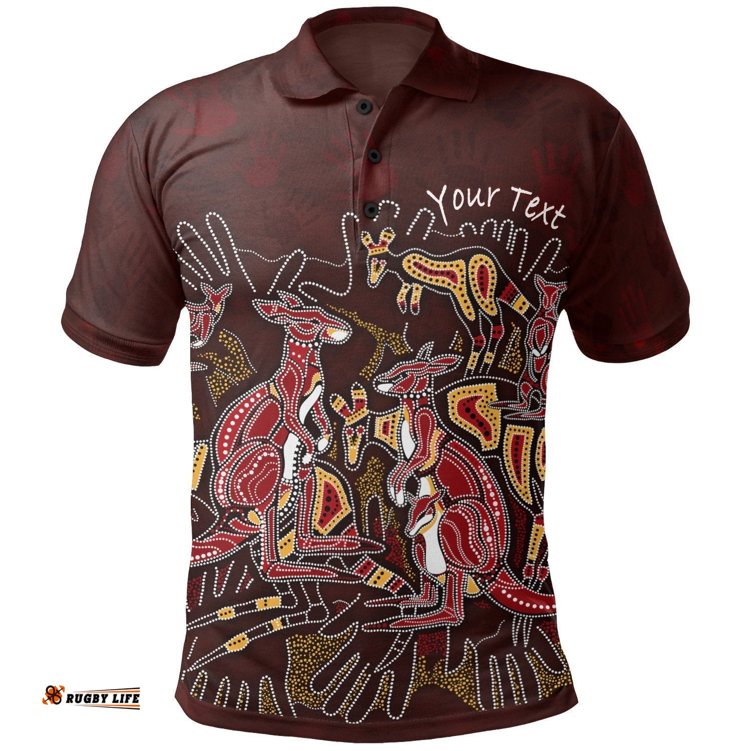 Custom Aboriginal Polo Shirts - Kangaroo family with Hand Art
