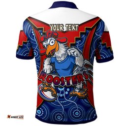 Roosters Rugby Polo Shirt - Custom Rooster With Rugby Ball Aboriginal Dot Painting Personalised Player And Number Polo Shirt