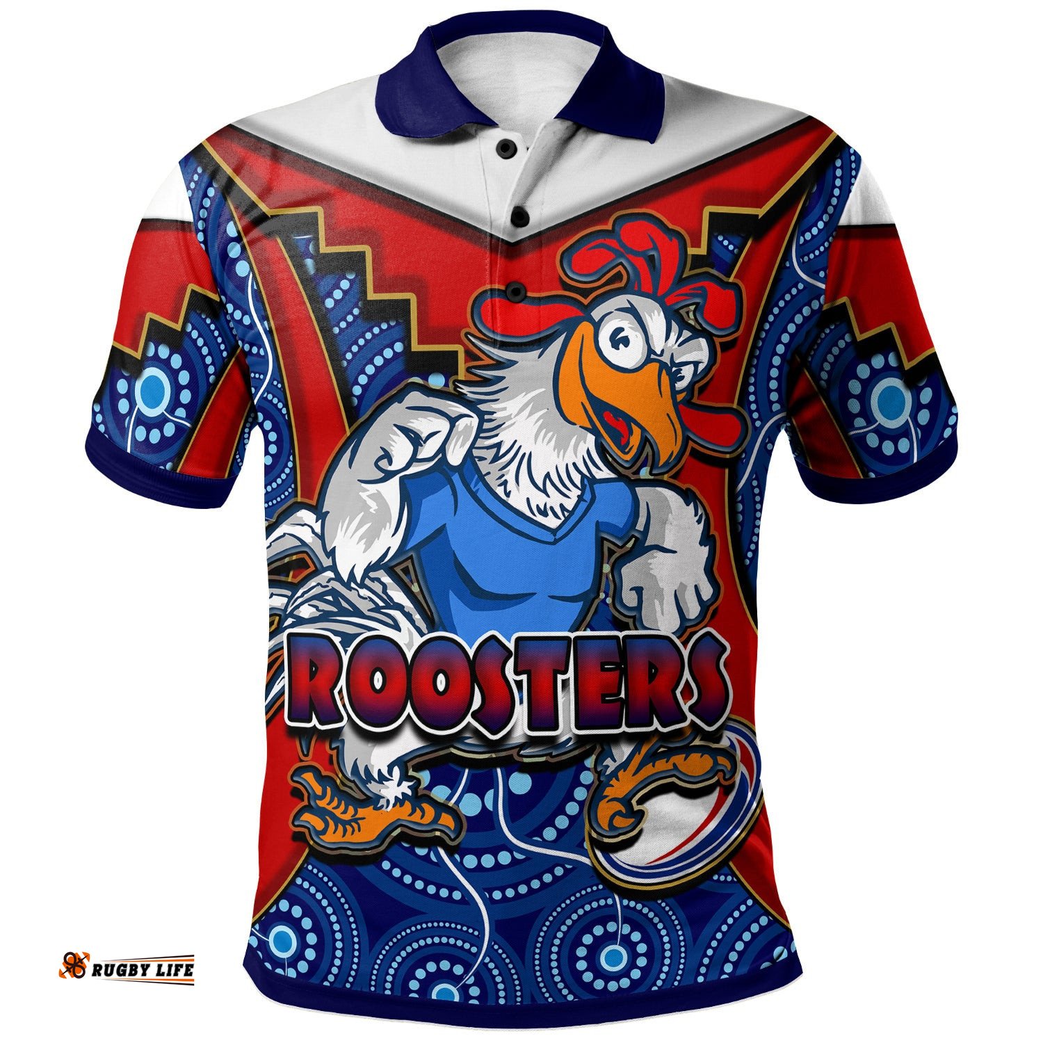 Roosters Rugby Polo Shirt - Custom Rooster With Rugby Ball Aboriginal Dot Painting Personalised Player And Number Polo Shirt