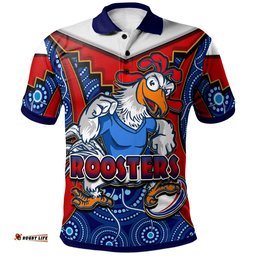 Roosters Rugby Polo Shirt - Custom Rooster With Rugby Ball Aboriginal Dot Painting Personalised Player And Number Polo Shirt