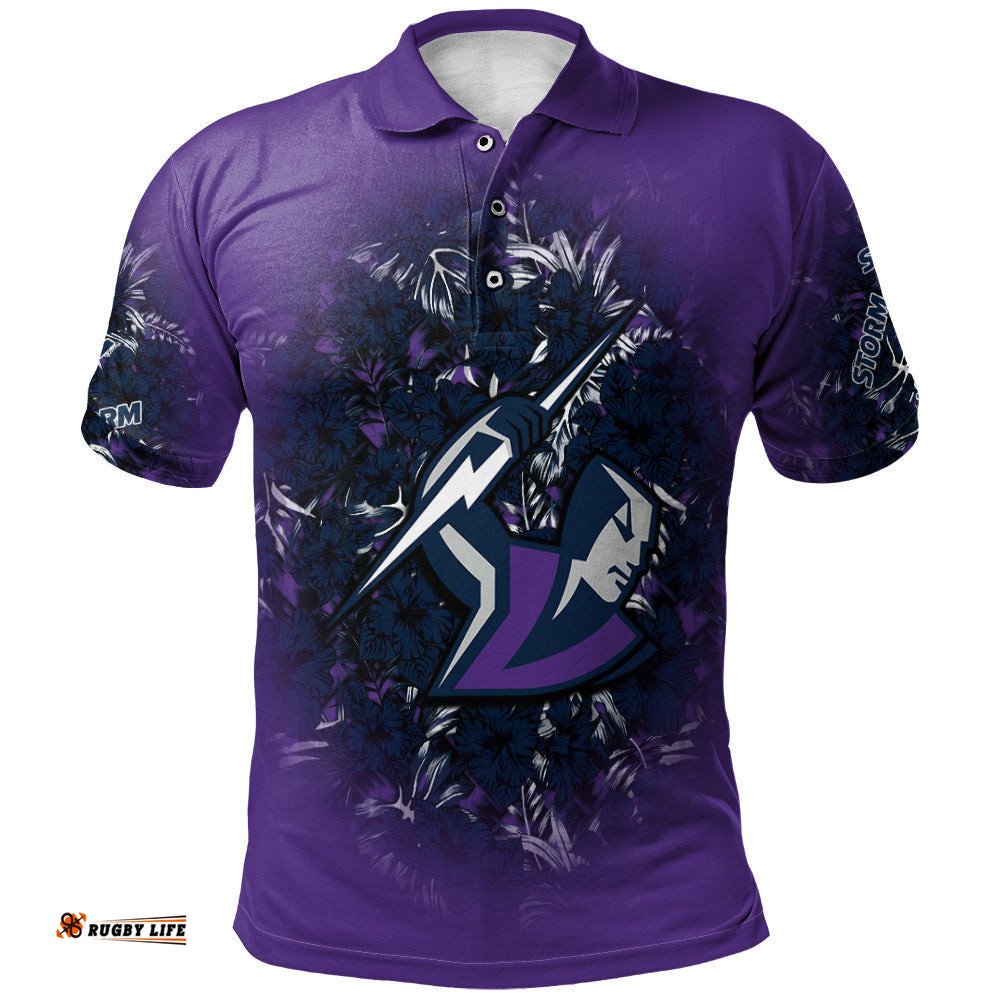 Melbourne Storm Polo Shirt Polynesian Hibiscus Tropical Vintage  - NRL
