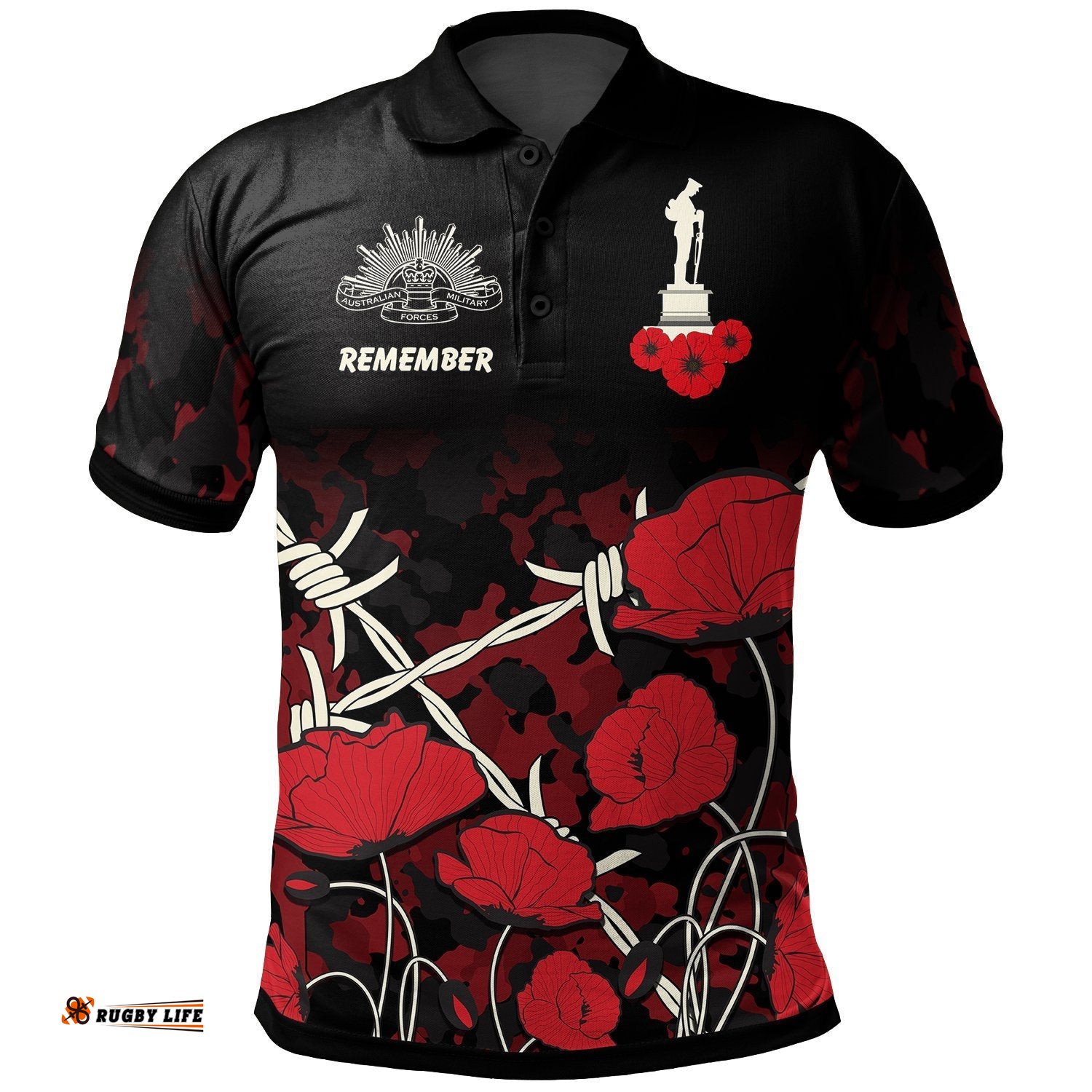 Anzac Polo Shirt - Anzac with Remembrance Poppy Flower Ver2