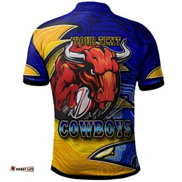 Cowboys Rugby Polo Shirt - Custom Bull Rugby Ball With Aboriginal Style Pattern Personalised Player And Number Polo Shirt