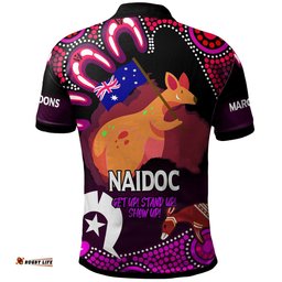 Maroons Rugby Polo Shirt - Custom Naidoc Week ''Get up, Stand Up, Show Up'' Maroons Kangaroo With Aboriginal Patterns Polo Shirt