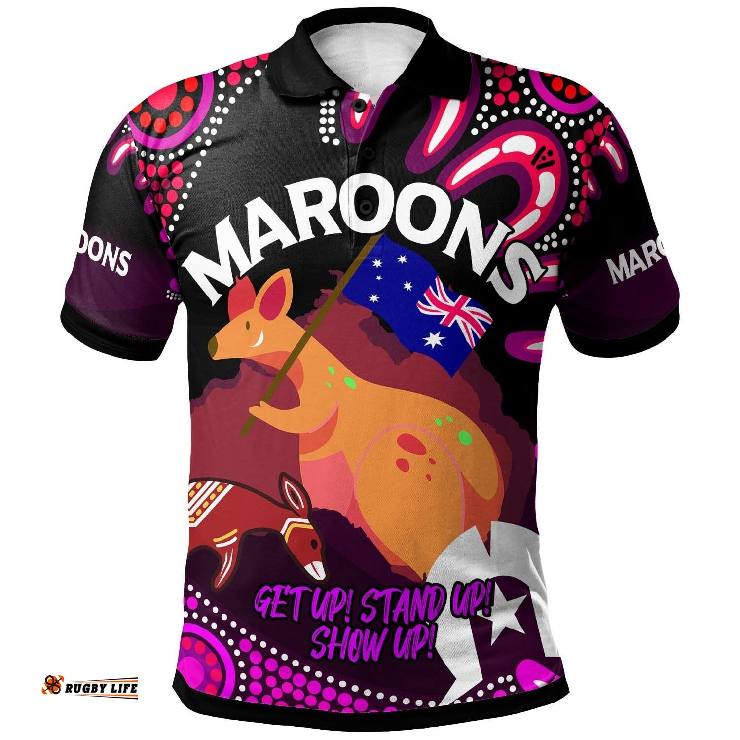 Maroons Rugby Polo Shirt - Custom Naidoc Week ''Get up, Stand Up, Show Up'' Maroons Kangaroo With Aboriginal Patterns Polo Shirt