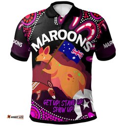 Maroons Rugby Polo Shirt - Custom Naidoc Week ''Get up, Stand Up, Show Up'' Maroons Kangaroo With Aboriginal Patterns Polo Shirt
