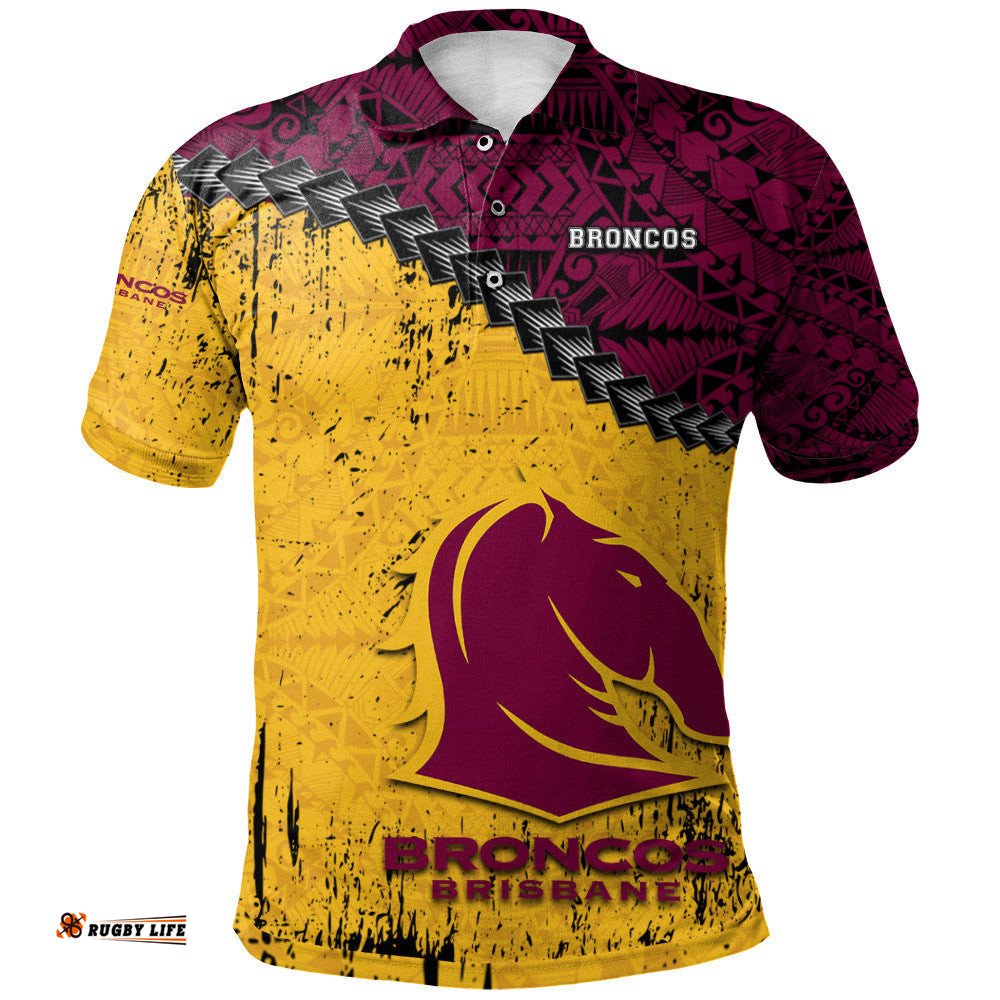 Brisbane Broncos Polo Shirt Grunge Polynesian Tattoo - NRL
