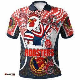 Roosters Rugby Polo Shirt - Custom Sydney Roosters Champion Mascot With Aboriginal Art Personalised Player And Number Polo Shirt