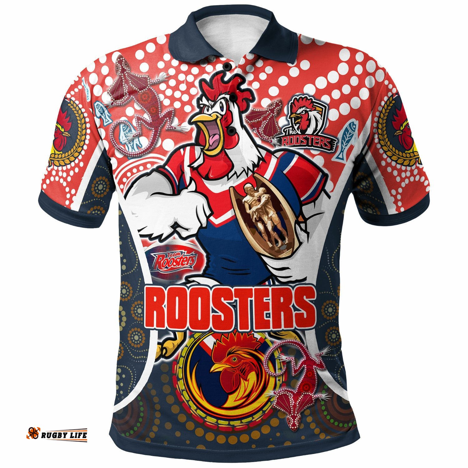 Roosters Rugby Polo Shirt - Custom Sydney Roosters Champion Mascot With Aboriginal Art Personalised Player And Number Polo Shirt