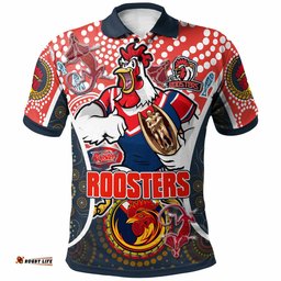 Roosters Rugby Polo Shirt - Custom Sydney Roosters Champion Mascot With Aboriginal Art Personalised Player And Number Polo Shirt