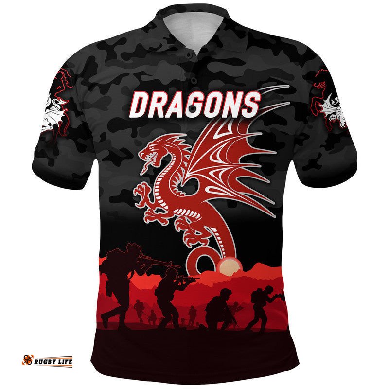 Custom Personalised St. George Illawarra Dragons ANZAC 2022 Polo Shirt Simple Style - Black