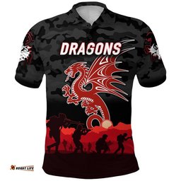 Custom Personalised St. George Illawarra Dragons ANZAC 2022 Polo Shirt Simple Style - Black