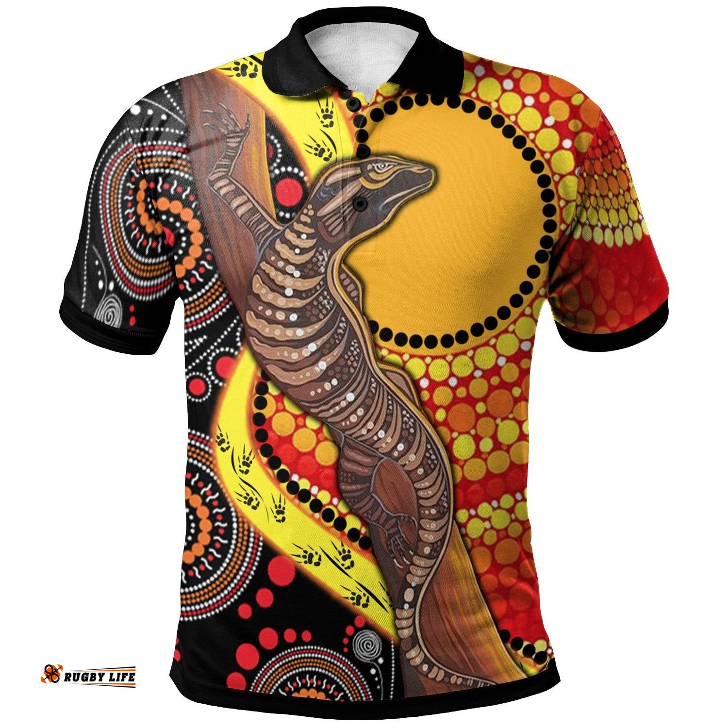 Polo Shirt - Australian Aboriginal Dot Painting Sun and Lizard