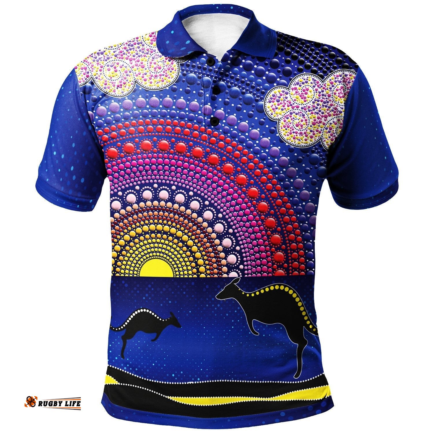 Aboriginal  Polo Shirts - Sunset Over The Sea And Kangaroo Dot Painting