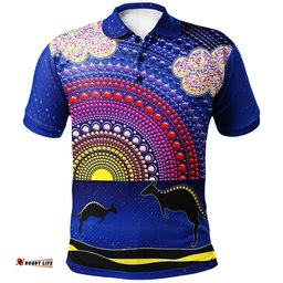 Aboriginal  Polo Shirts - Sunset Over The Sea And Kangaroo Dot Painting