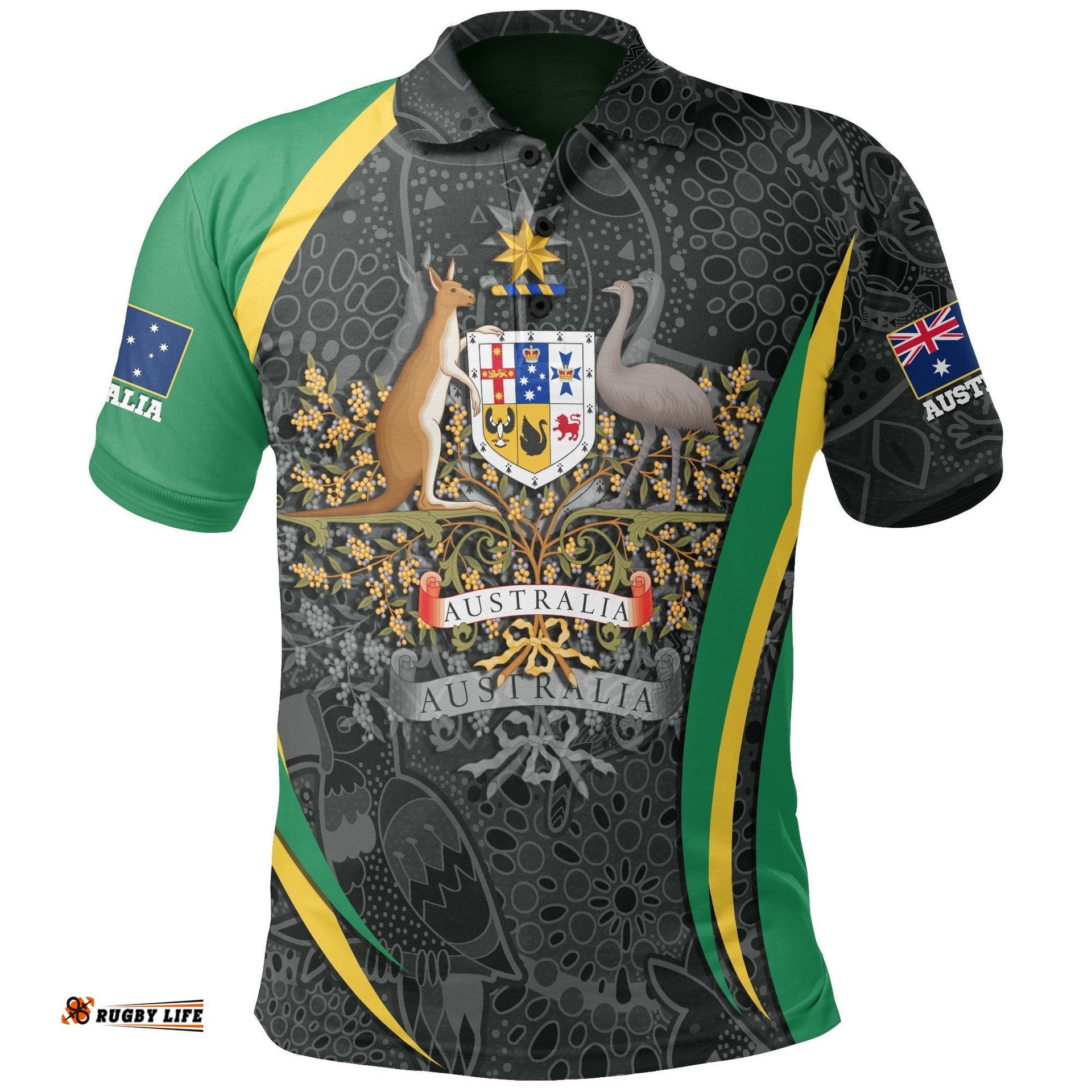 Aboriginal Polo Shirt, Australian Coat of Arms - Aussie Spirit Green