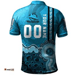 Cronulla-Sutherland Sharks Aboriginal Polo Shirt Rugby Indigenous Kangaroo Tracks - NRL