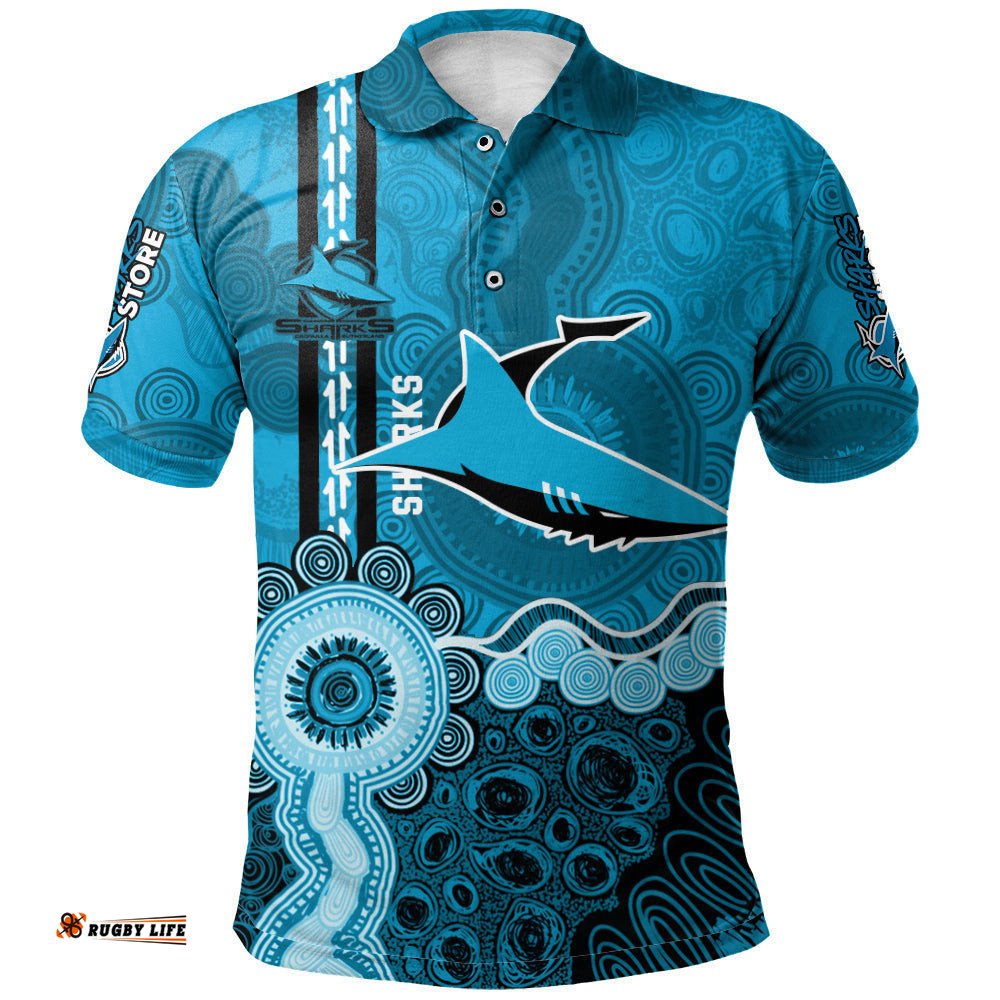 Cronulla-Sutherland Sharks Aboriginal Polo Shirt Rugby Indigenous Kangaroo Tracks - NRL