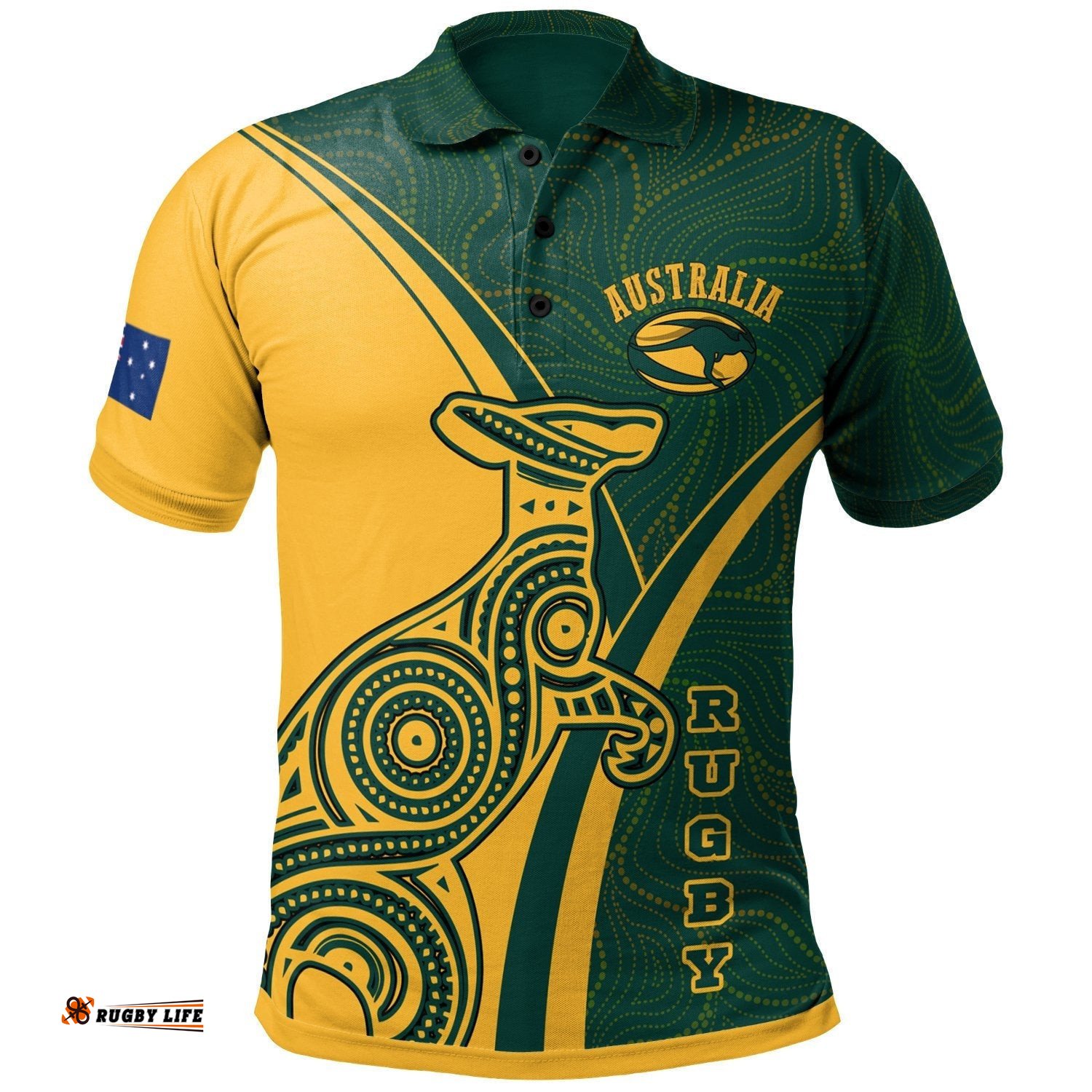 Rugby Polo Shirt - Australian Rugby Kangaroo & Aboriginal Patterns