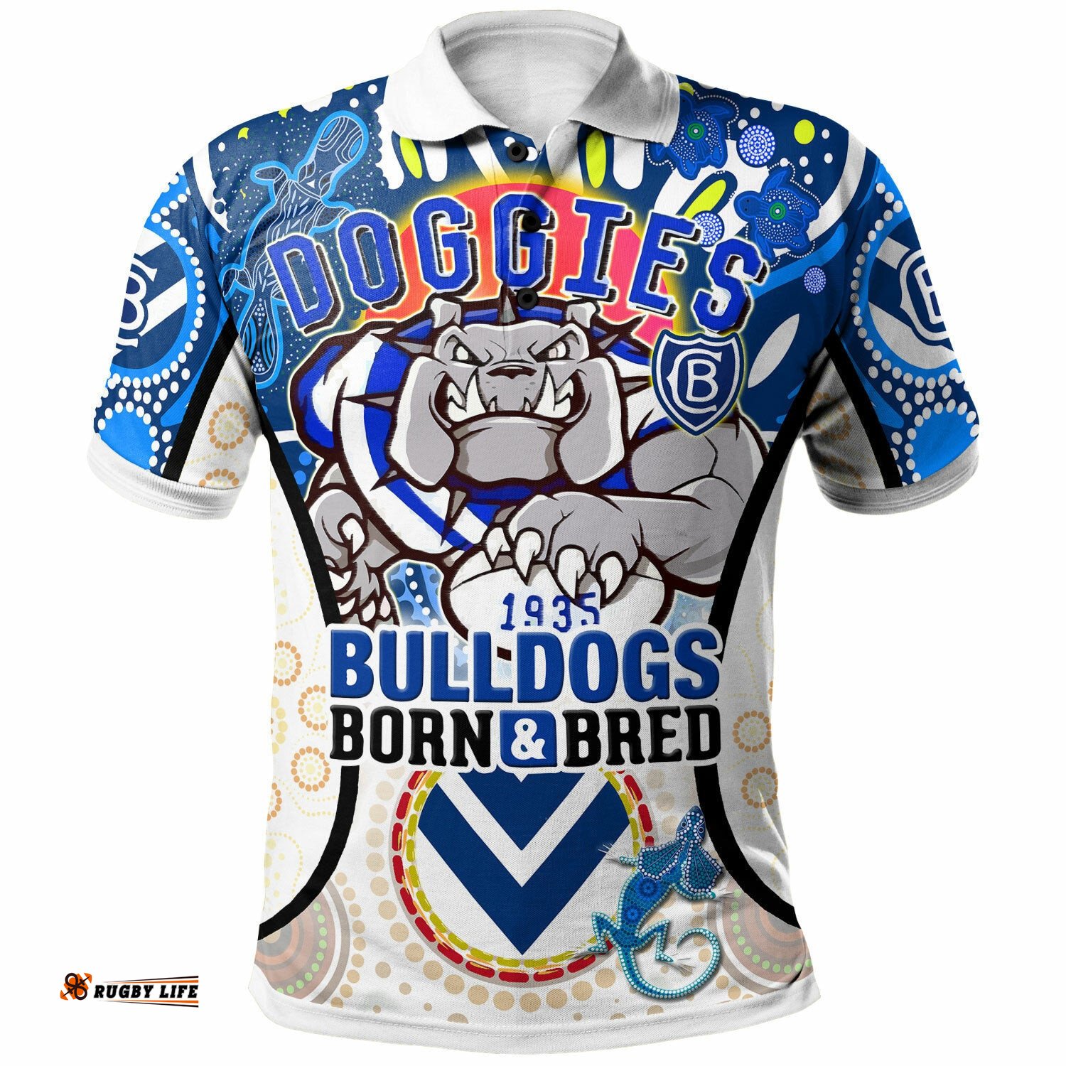 Bulldogs Rugby Polo Shirt - Custom Bulldogs Mascot With Aboriginal Art Personalised Player And Number Polo Shirt
