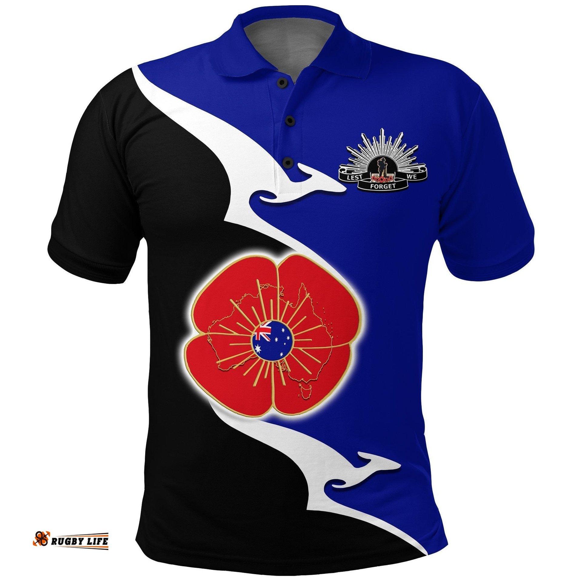 Anzac Polo Shirt - Lest We Forget Poppy Map Kangaroo Blue
