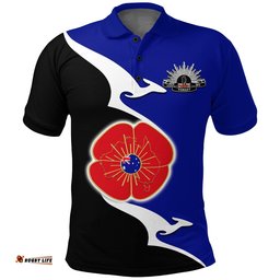 Anzac Polo Shirt - Lest We Forget Poppy Map Kangaroo Blue