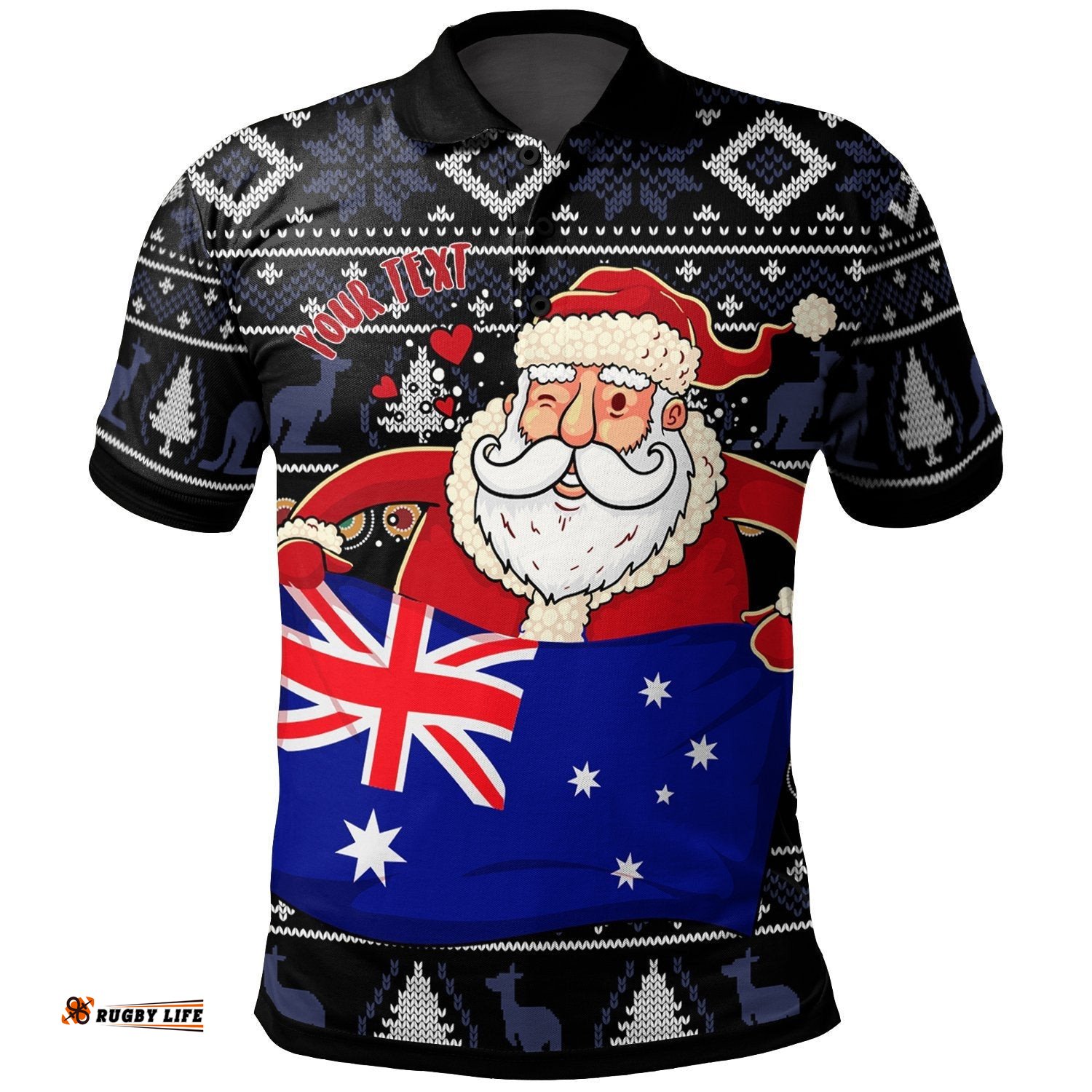 Christmas  Personalised Polo Shirt - Australia Santa Claus Hold The Flag  Black