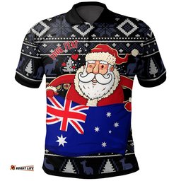 Christmas  Personalised Polo Shirt - Australia Santa Claus Hold The Flag  Black