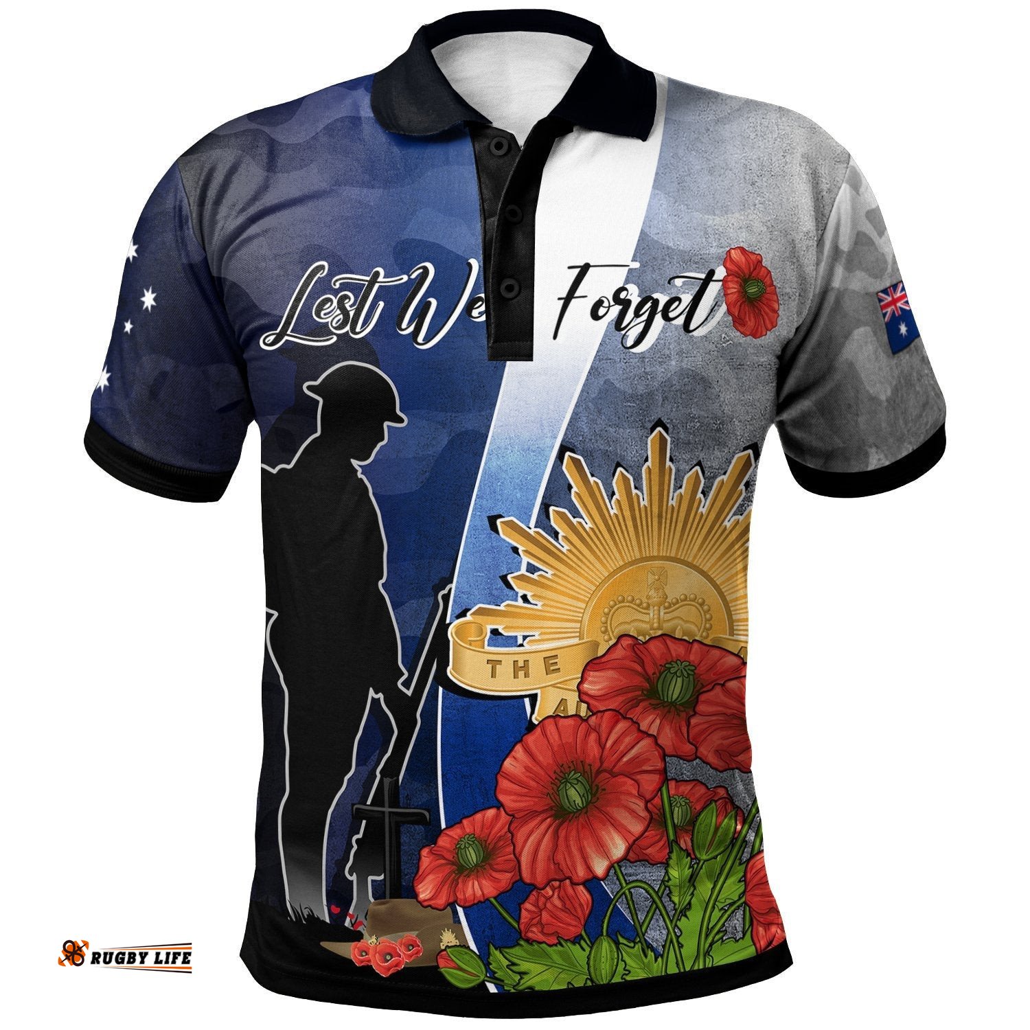 Anzac Day Polo Shirt - Lest We Forget Poppy Flower