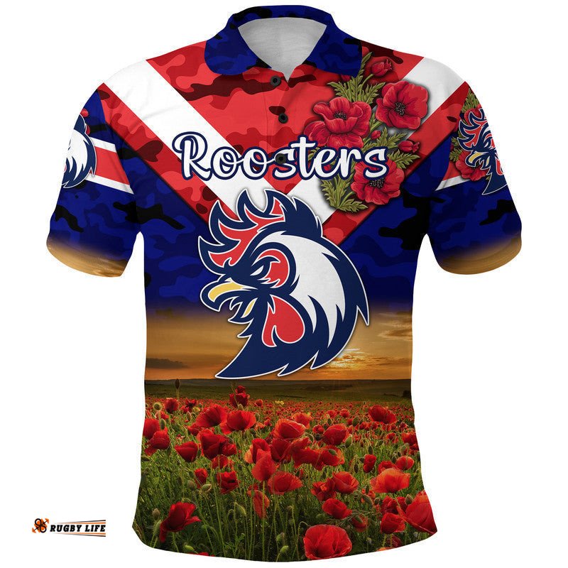 Custom Personalised Roosters ANZAC Polo Shirt Poppy Flowers Vibes - Blue