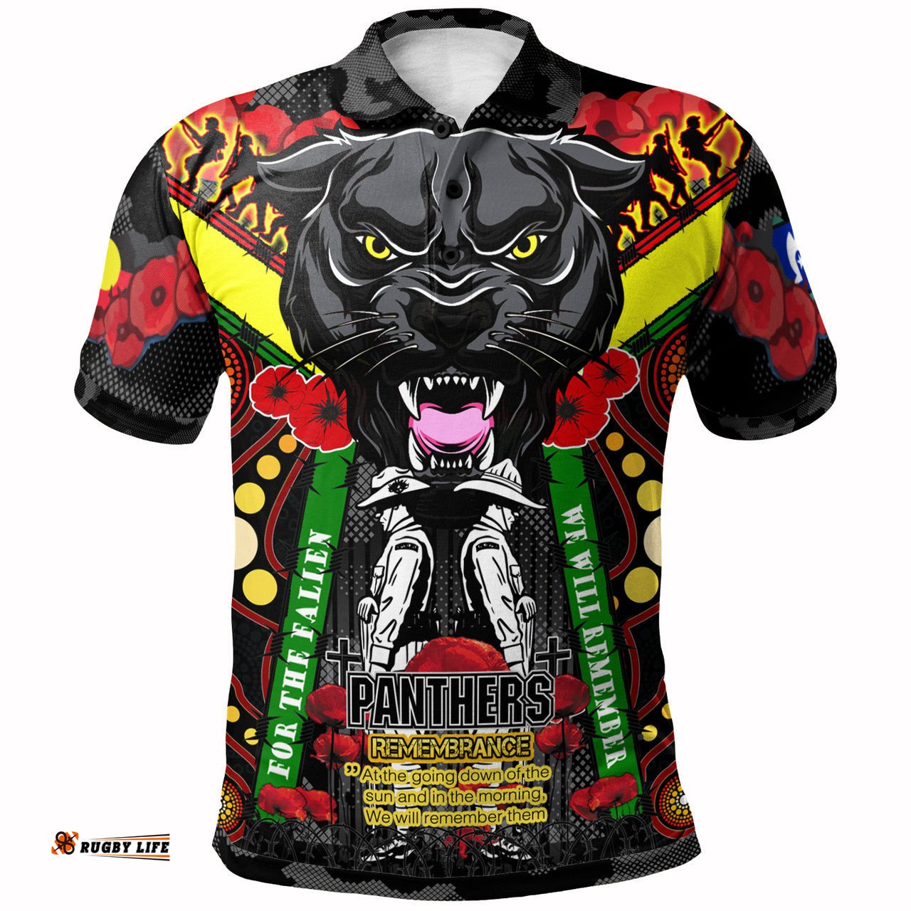 Panthers Rugby Anzac Day Watercolour Polo Shirt - Custom Remembrance Chocolate Soldiers With Poppy Flower RLT13