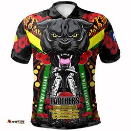 Panthers Rugby Anzac Day Watercolour Polo Shirt - Custom Remembrance Chocolate Soldiers With Poppy Flower RLT13