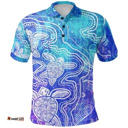 Aboriginal Polo Shirt - Sea Turtle With Indigenous Patterns Blue