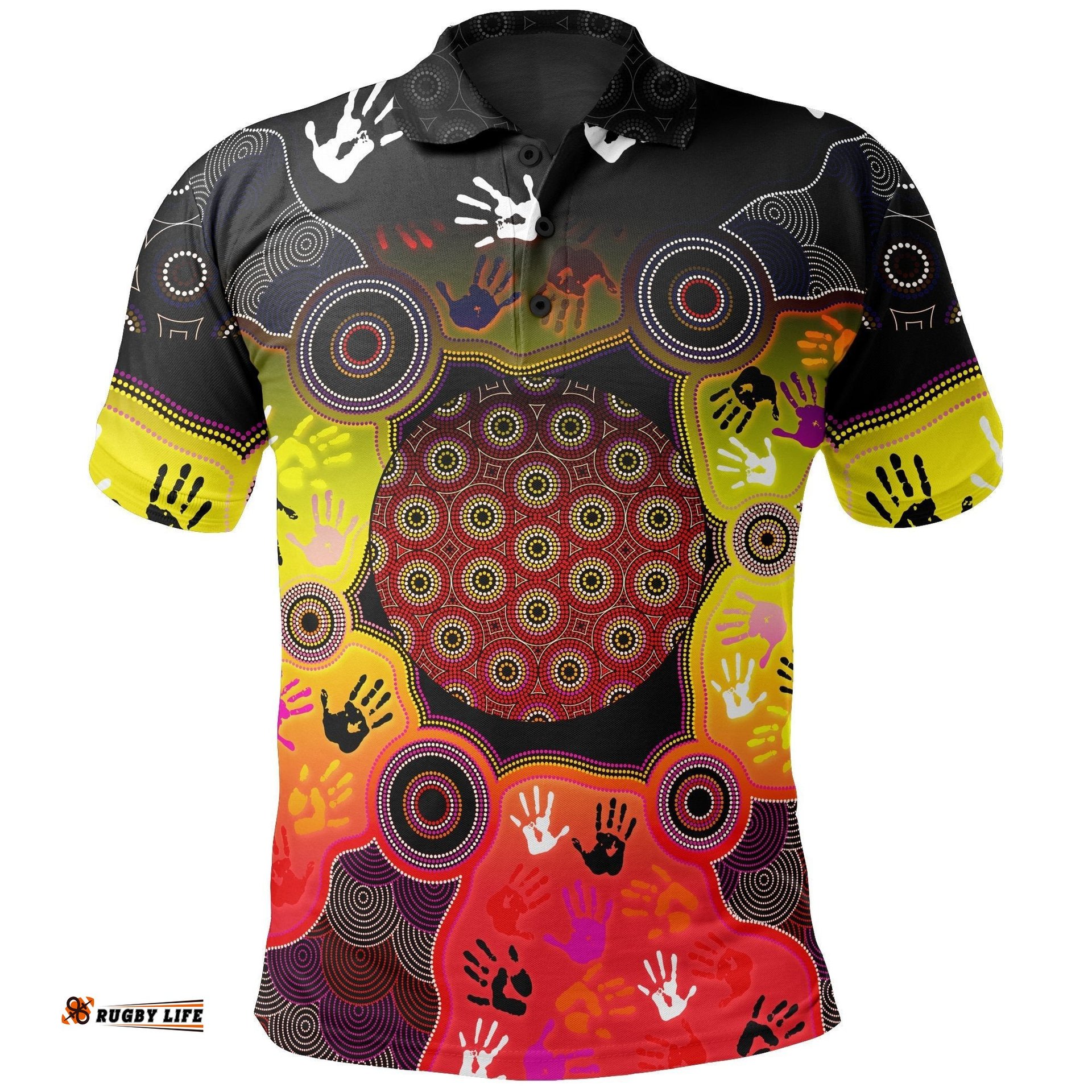 Aboriginal Polo Shirt, Indigenous Circle Dot Painting Hand Art