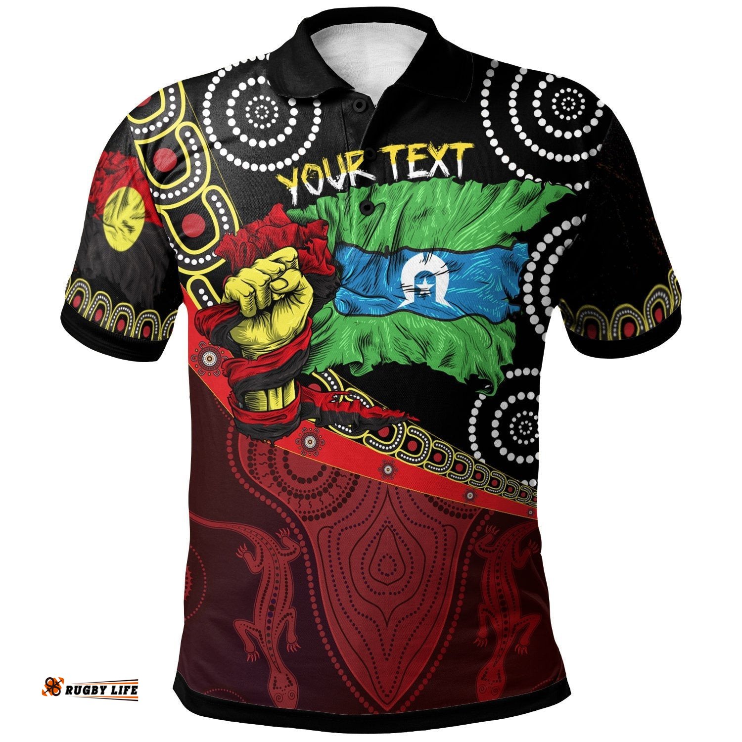 Custom Text Breakout Polo Shirts - Aboriginal Flags & Dot Acrylic Paint Style Naidoc - Unisex