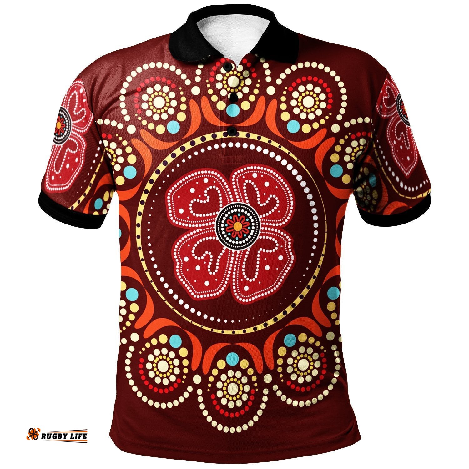 Aboriginal Polo Shirt -  Aboriginal Dot Art Painting With Red Poppy Flower
