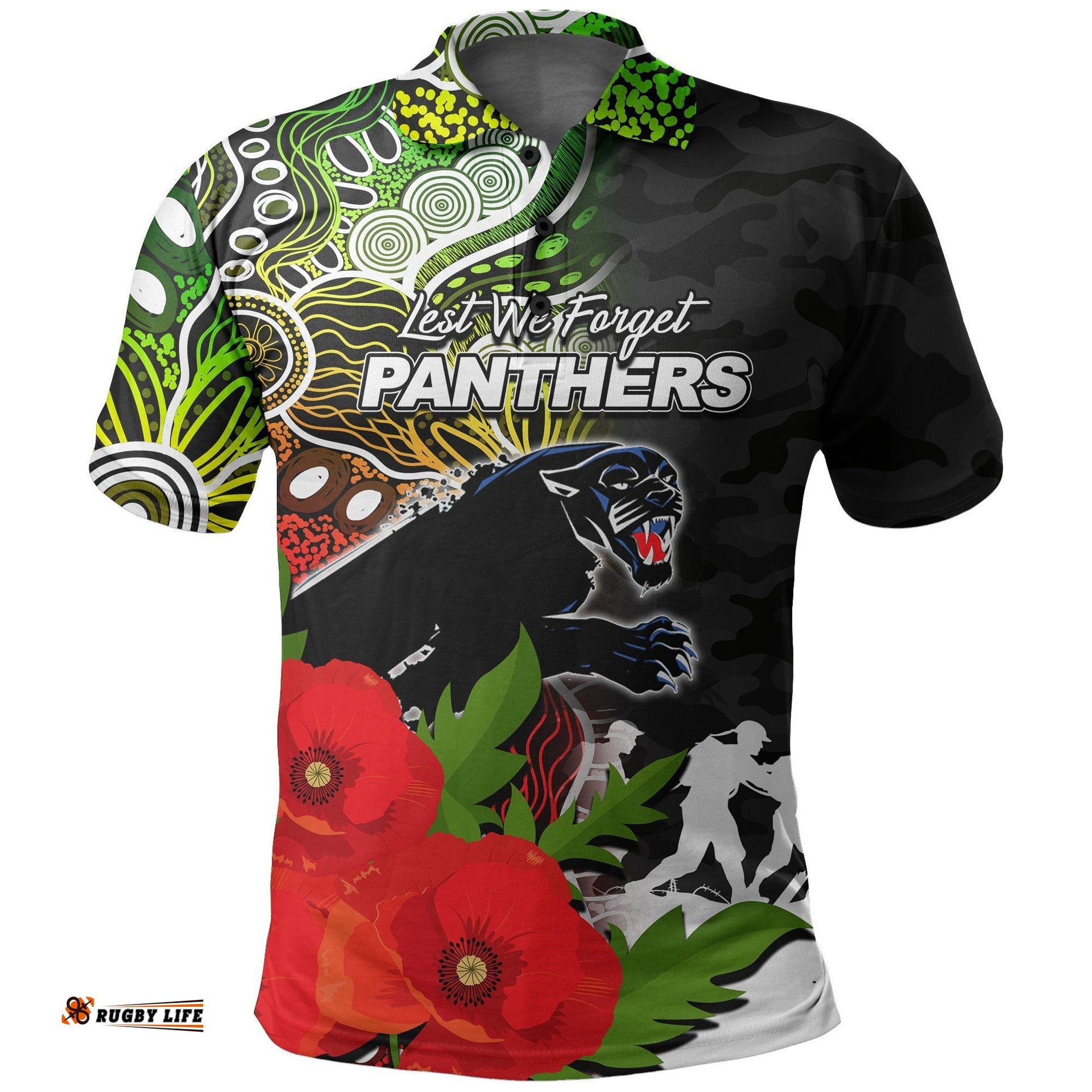 Custom PersonalisedPanthers Anzac Day Aboriginal Mix Army Patterns Polo Shirt