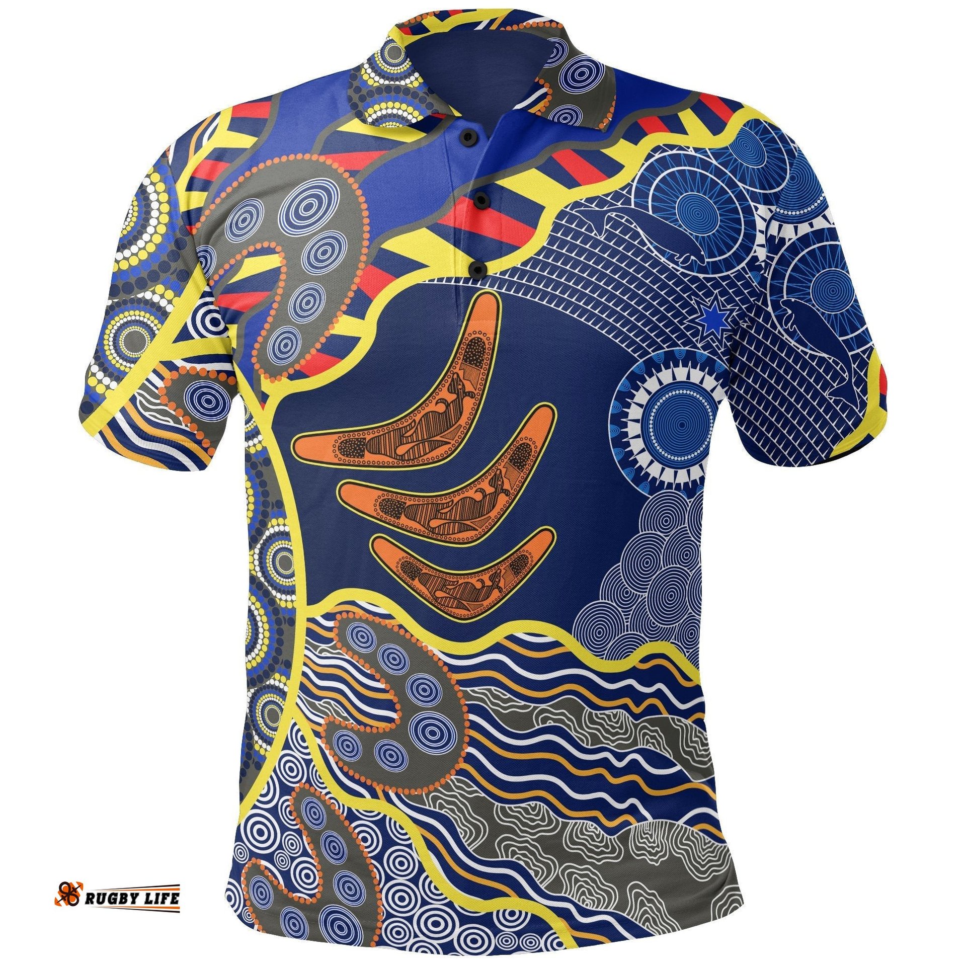Aboriginal Polo Shirt, Australian Boomerang Dot Painting Art
