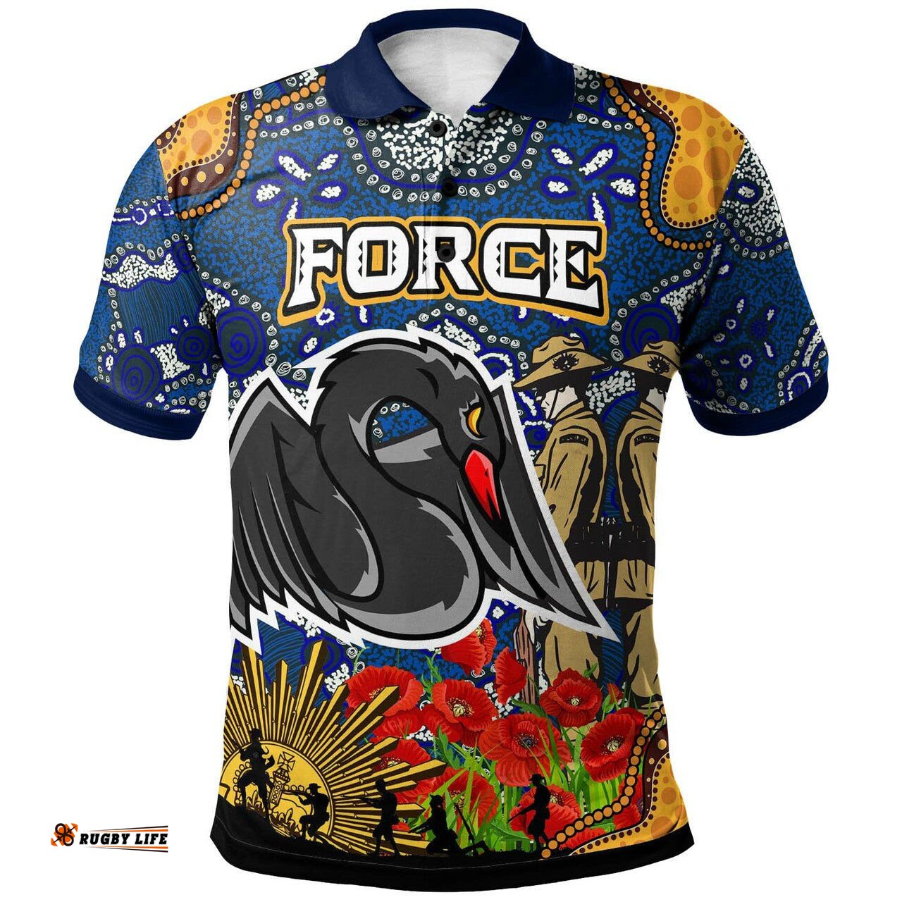 Western Force Rugby Polo Shirt - Anzac Day Western Force with Aboriginal Poppy Flower Polo Shirt