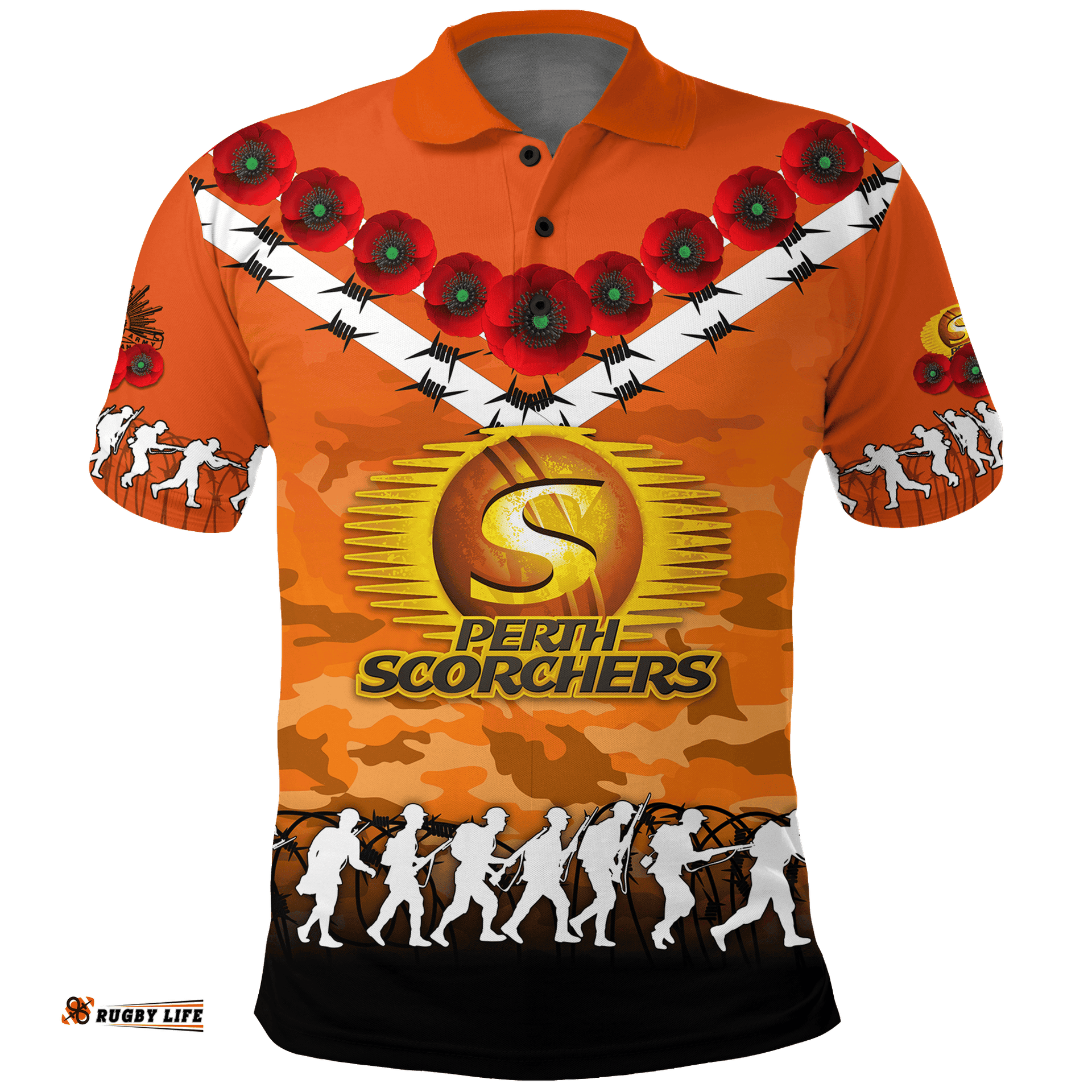Custom Personalised Perth Scorchers ANZAC 2022 Polo Shirt Camouflage With Poppy -