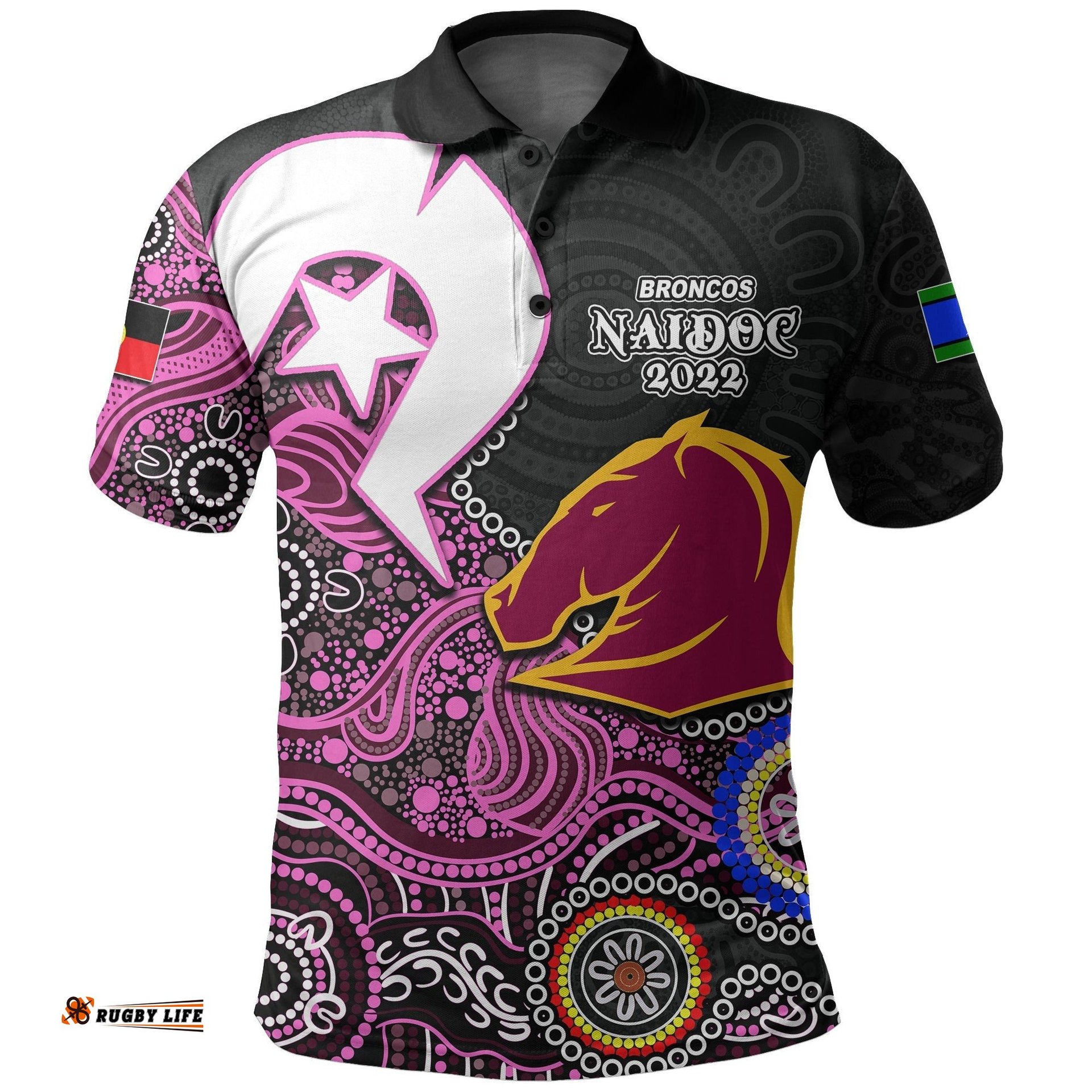 Broncos Rugby Polo Shirt NAIDOC 2022 Patterns Pink Style