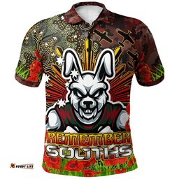 Rabbitohs Rugby Polo Shirt - Anzac Souths with Remembrance Poppy and Indigenous Patterns Polo Shirt RLT13