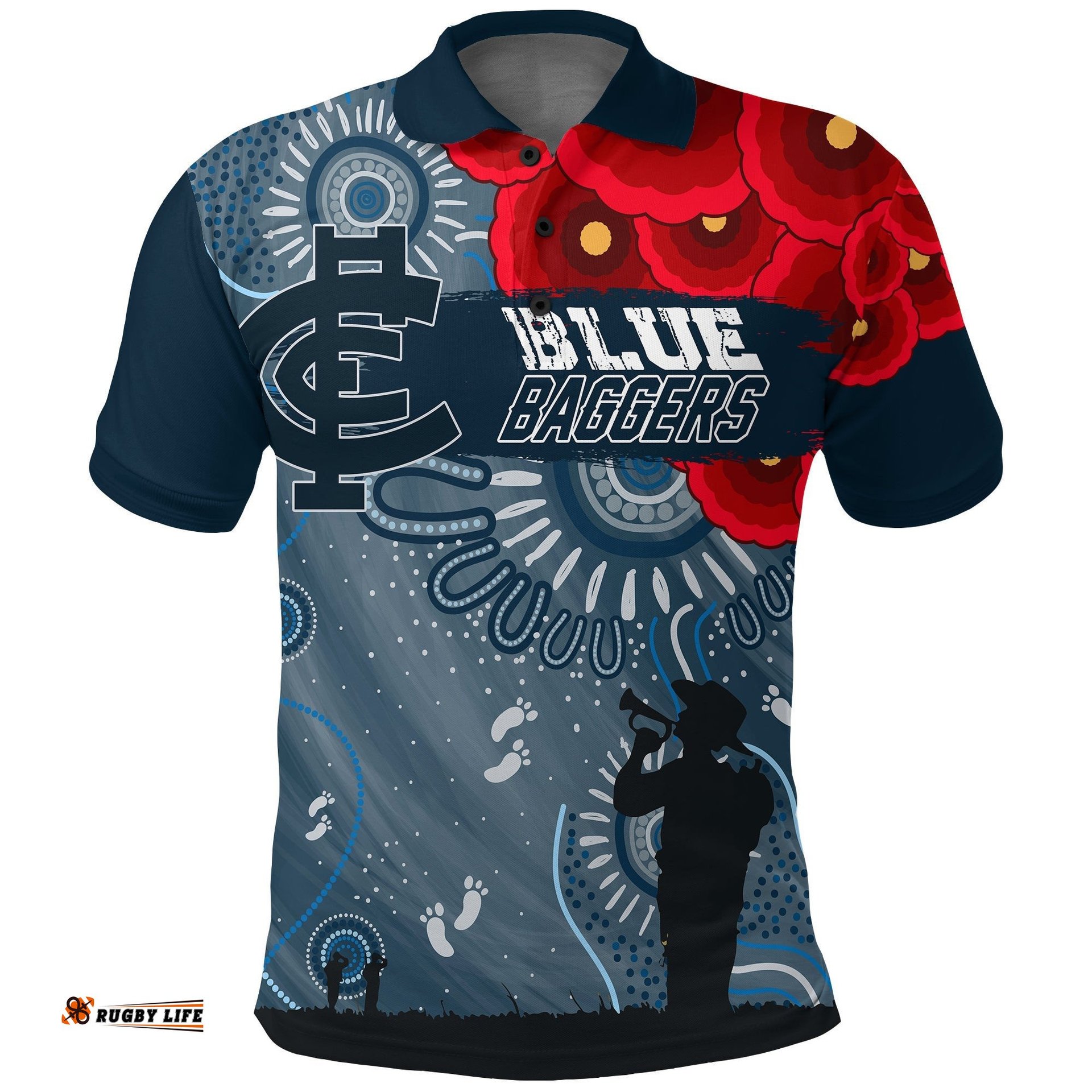Custom Personalised Carlton Blue Baggers Indigenous Anzac Day Polo Shirt We Will Remember