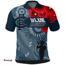 Custom Personalised Carlton Blue Baggers Indigenous Anzac Day Polo Shirt We Will Remember